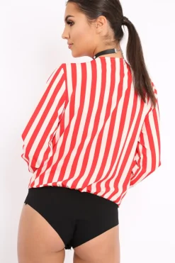 Rebellious Fashion Red Stripe Plunge Satin Bodysuit - North