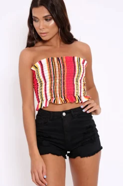 Rebellious Fashion Red Stripe Shirred Frill Bandeau Crop Top - Camren