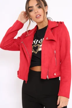 Rebellious Fashion Red Suedette Biker Jacket - Rachel