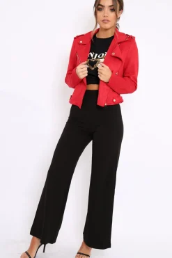 Rebellious Fashion Red Suedette Biker Jacket - Rachel