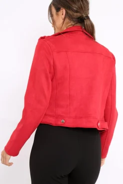 Rebellious Fashion Red Suedette Biker Jacket - Rachel