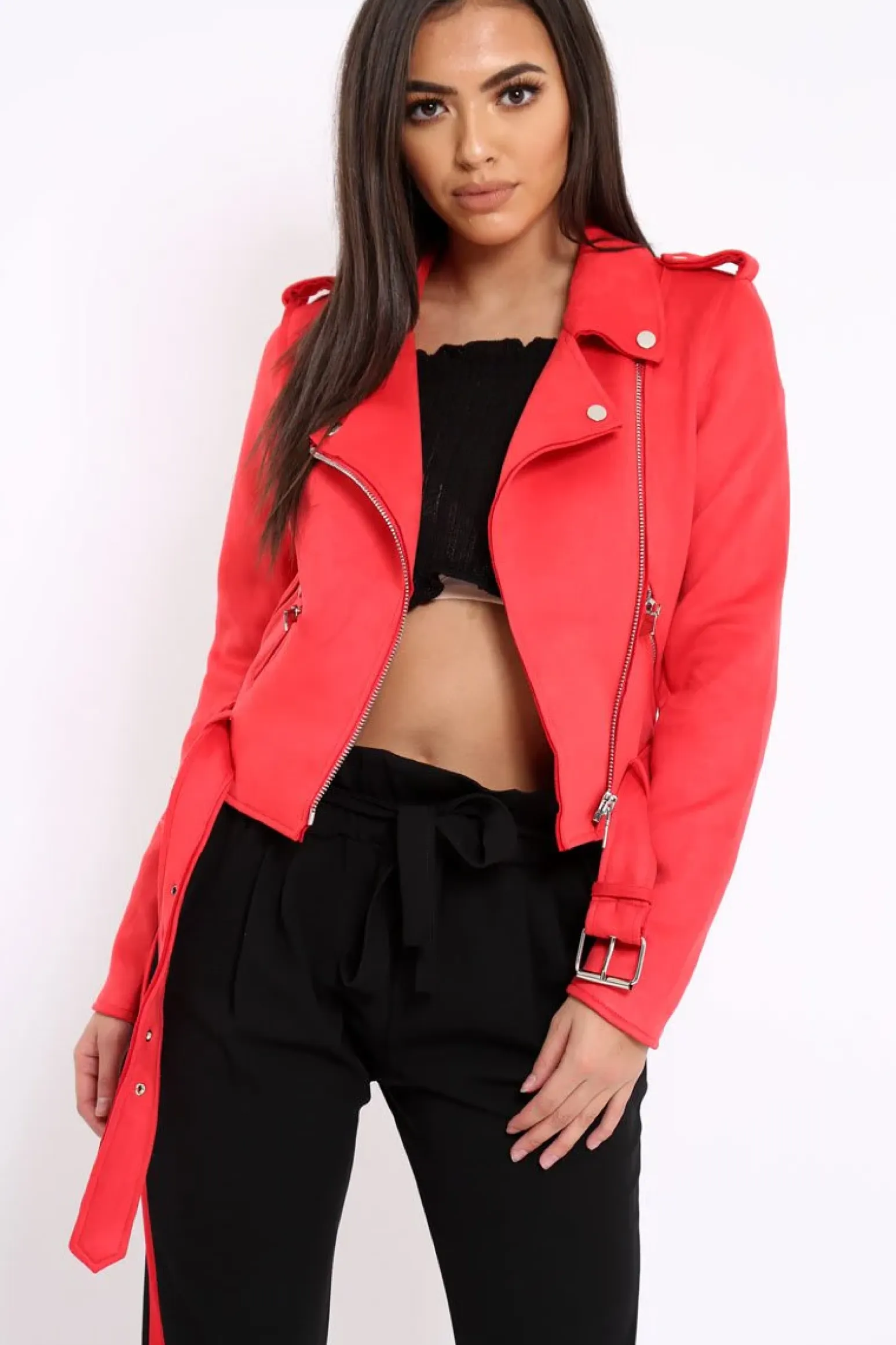 Rebellious Fashion Red Suedette Biker Jacket with Waist Belt - Roxanne