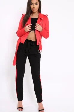 Rebellious Fashion Red Suedette Biker Jacket with Waist Belt - Roxanne