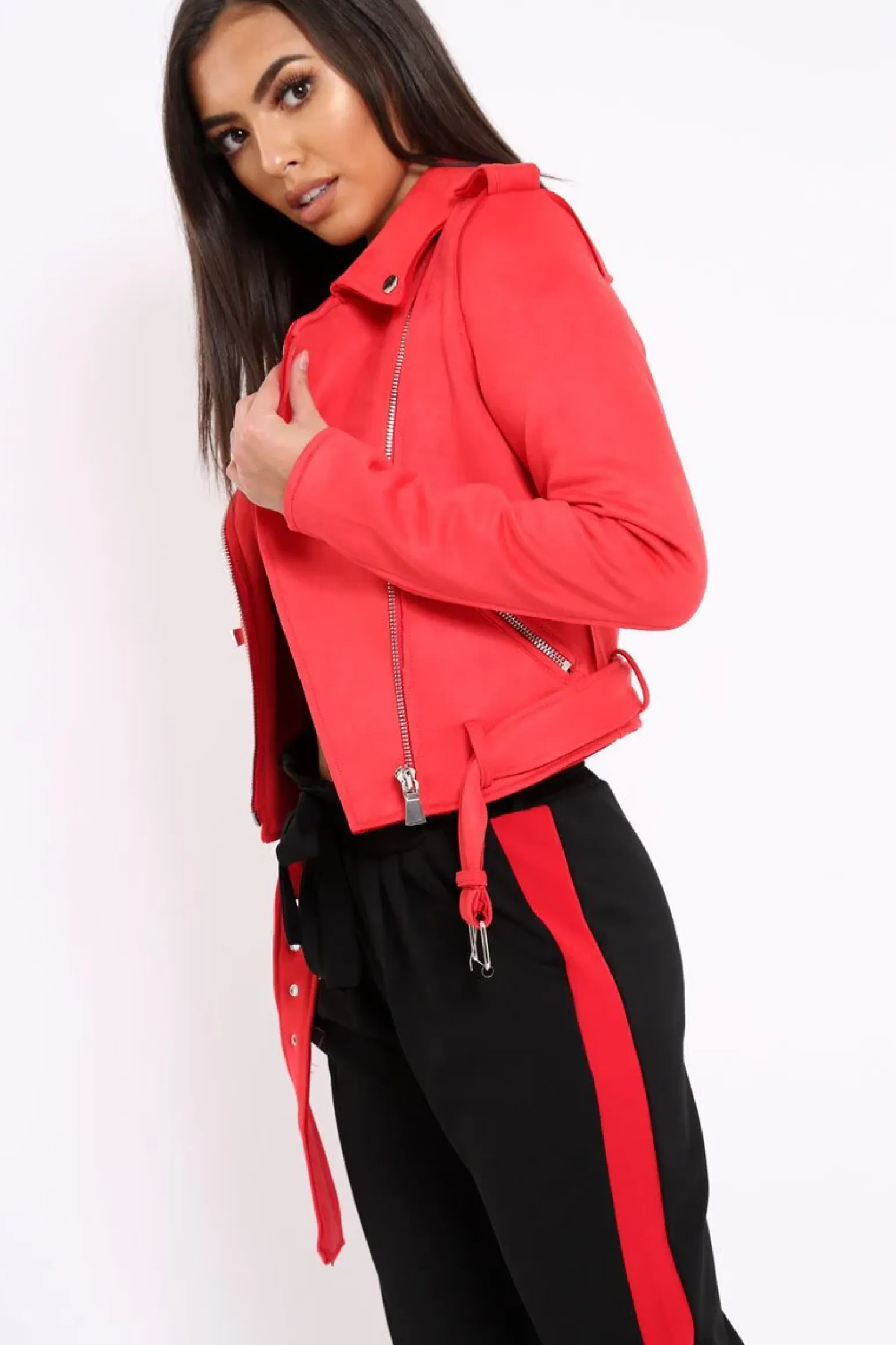 Rebellious Fashion Red Suedette Biker Jacket with Waist Belt - Roxanne