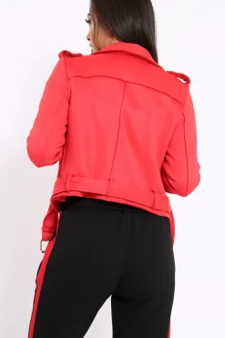 Rebellious Fashion Red Suedette Biker Jacket with Waist Belt - Roxanne