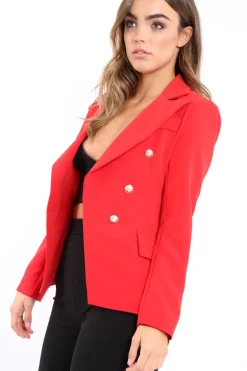 Rebellious Fashion Red Tailored Blazer with Silver Button Detailing - Rhetta