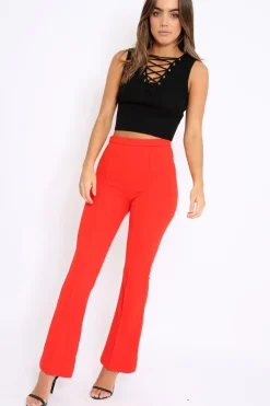 Rebellious Fashion Red Tailored High Waist Flare Trousers - Adela