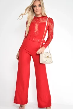 Rebellious Fashion Red Tailored Wide Leg Belted Trousers - Chenelle