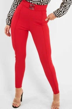Rebellious Fashion Red Tapered Trousers With Silver Buckle - Zyana