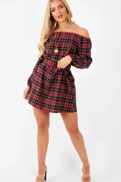 Rebellious Fashion Red Tartan Belted Bardot Dress - Deondra