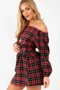 Rebellious Fashion Red Tartan Belted Bardot Dress - Deondra
