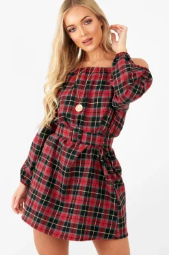 Rebellious Fashion Red Tartan Belted Bardot Dress - Deondra