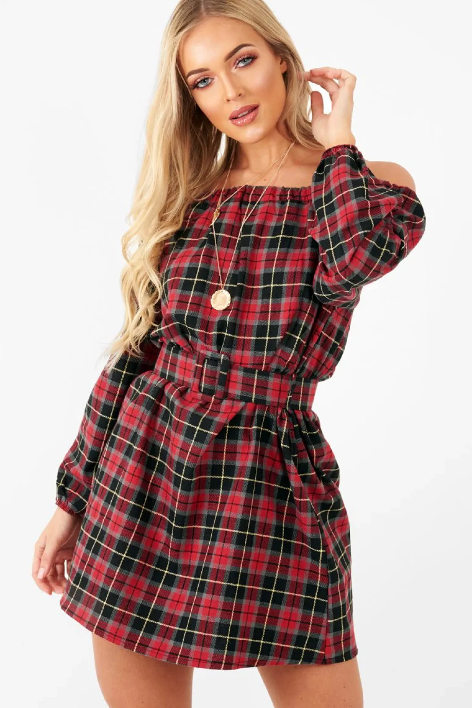 Rebellious Fashion Red Tartan Belted Bardot Dress - Deondra