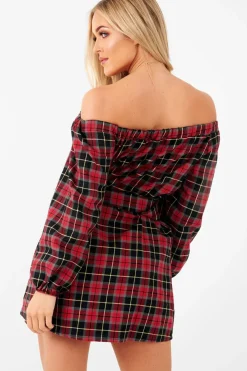 Rebellious Fashion Red Tartan Belted Bardot Dress - Deondra
