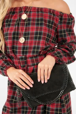 Rebellious Fashion Red Tartan Belted Bardot Dress - Deondra