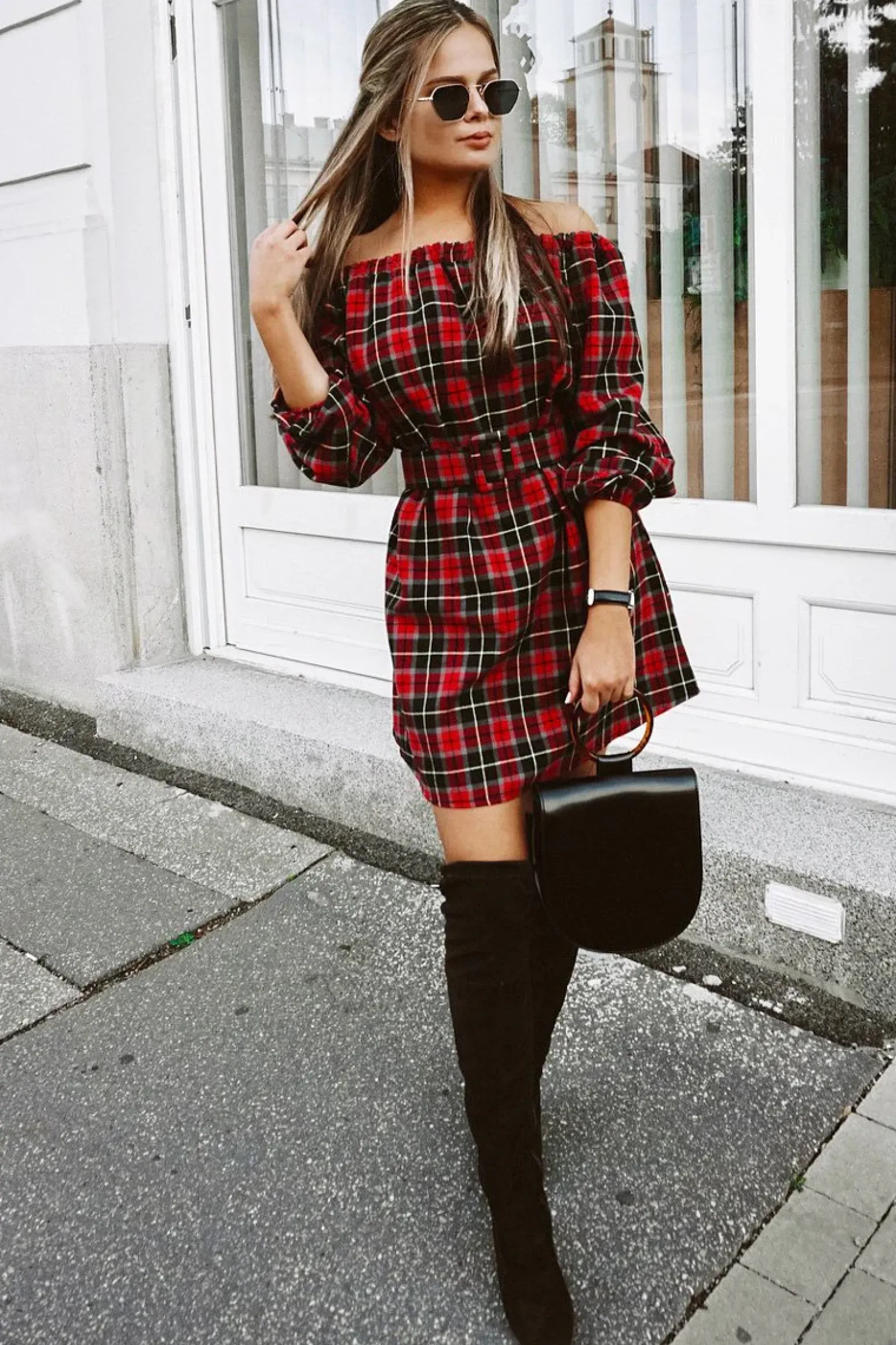 Rebellious Fashion Red Tartan Belted Bardot Dress - Deondra