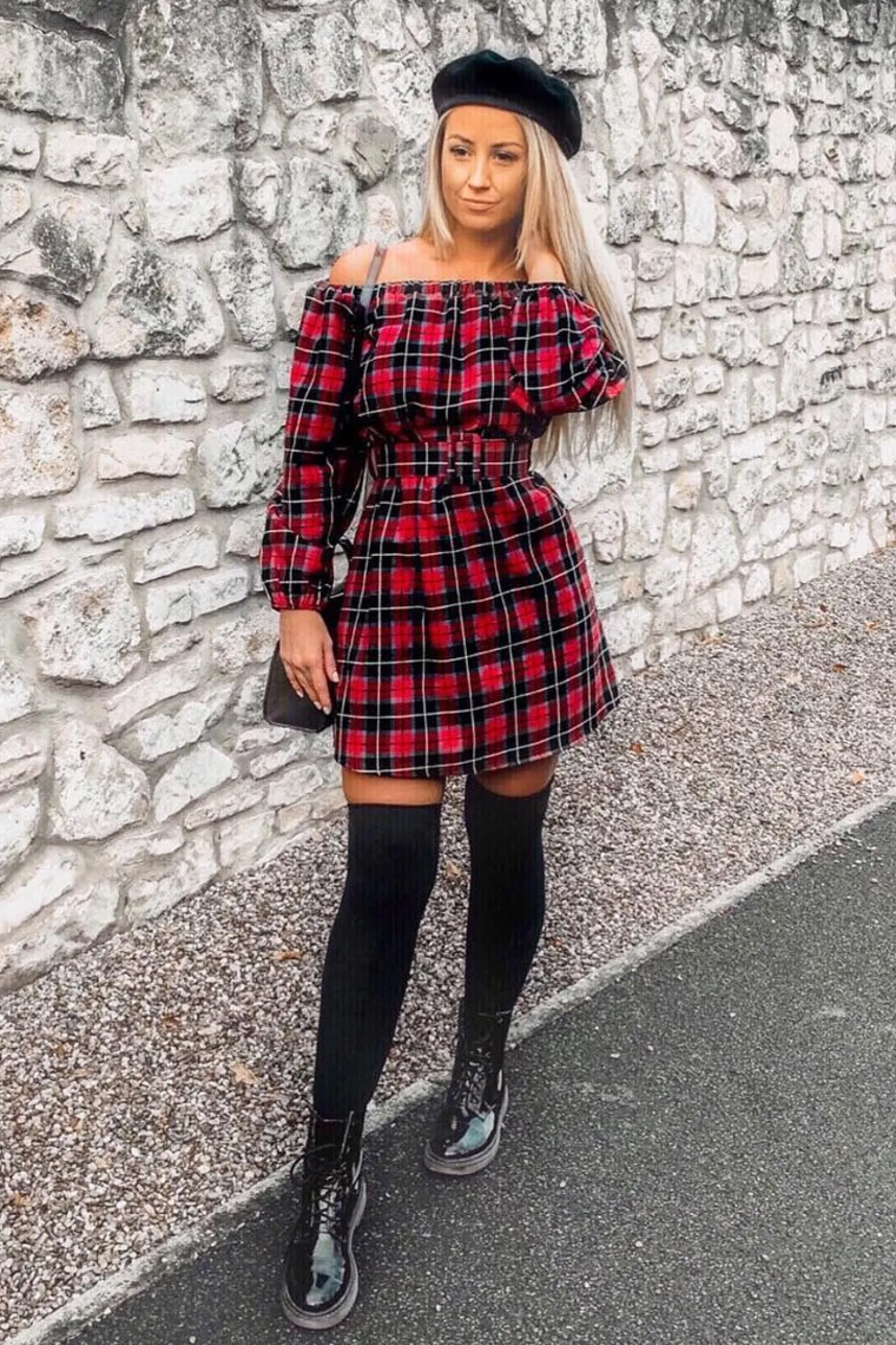 Rebellious Fashion Red Tartan Belted Bardot Dress - Deondra
