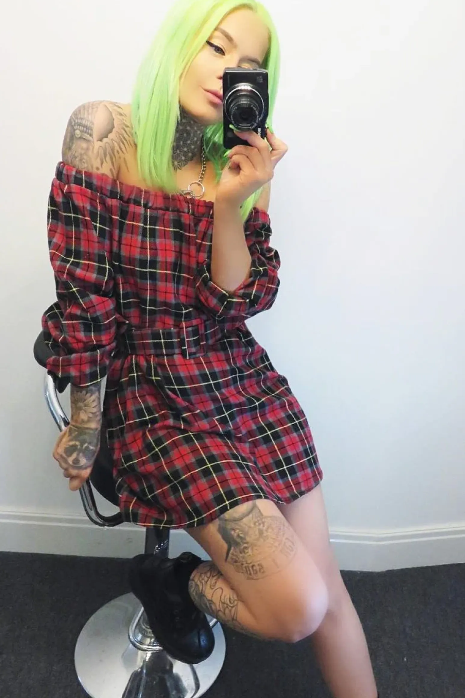 Rebellious Fashion Red Tartan Belted Bardot Dress - Deondra
