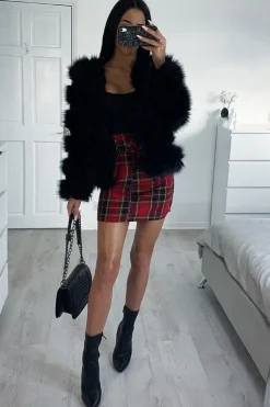 Rebellious Fashion Red Tartan Belted Pleated Mini Skirt - Danyka