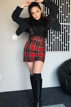 Rebellious Fashion Red Tartan Belted Pleated Mini Skirt - Danyka