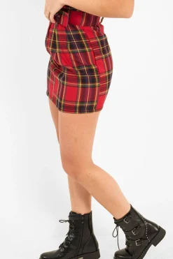 Rebellious Fashion Red Tartan Belted Pleated Mini Skirt - Danyka