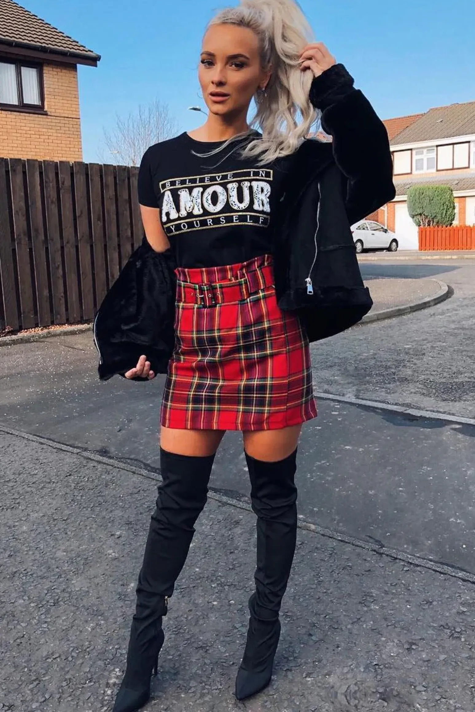 Rebellious Fashion Red Tartan Belted Pleated Mini Skirt - Danyka