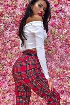 Rebellious Fashion Red Tartan Belted Skinny Fit Trousers - Caitlin