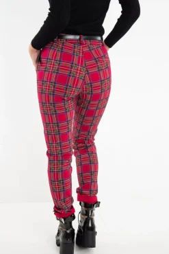 Rebellious Fashion Red Tartan Belted Skinny Fit Trousers - Caitlin