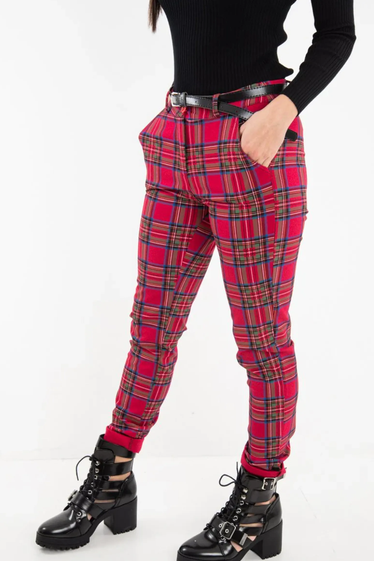 Rebellious Fashion Red Tartan Belted Skinny Fit Trousers - Caitlin