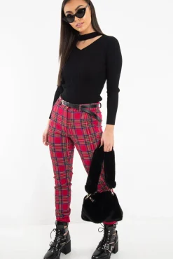 Rebellious Fashion Red Tartan Belted Skinny Fit Trousers - Caitlin