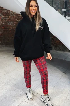 Rebellious Fashion Red Tartan Belted Skinny Fit Trousers - Caitlin