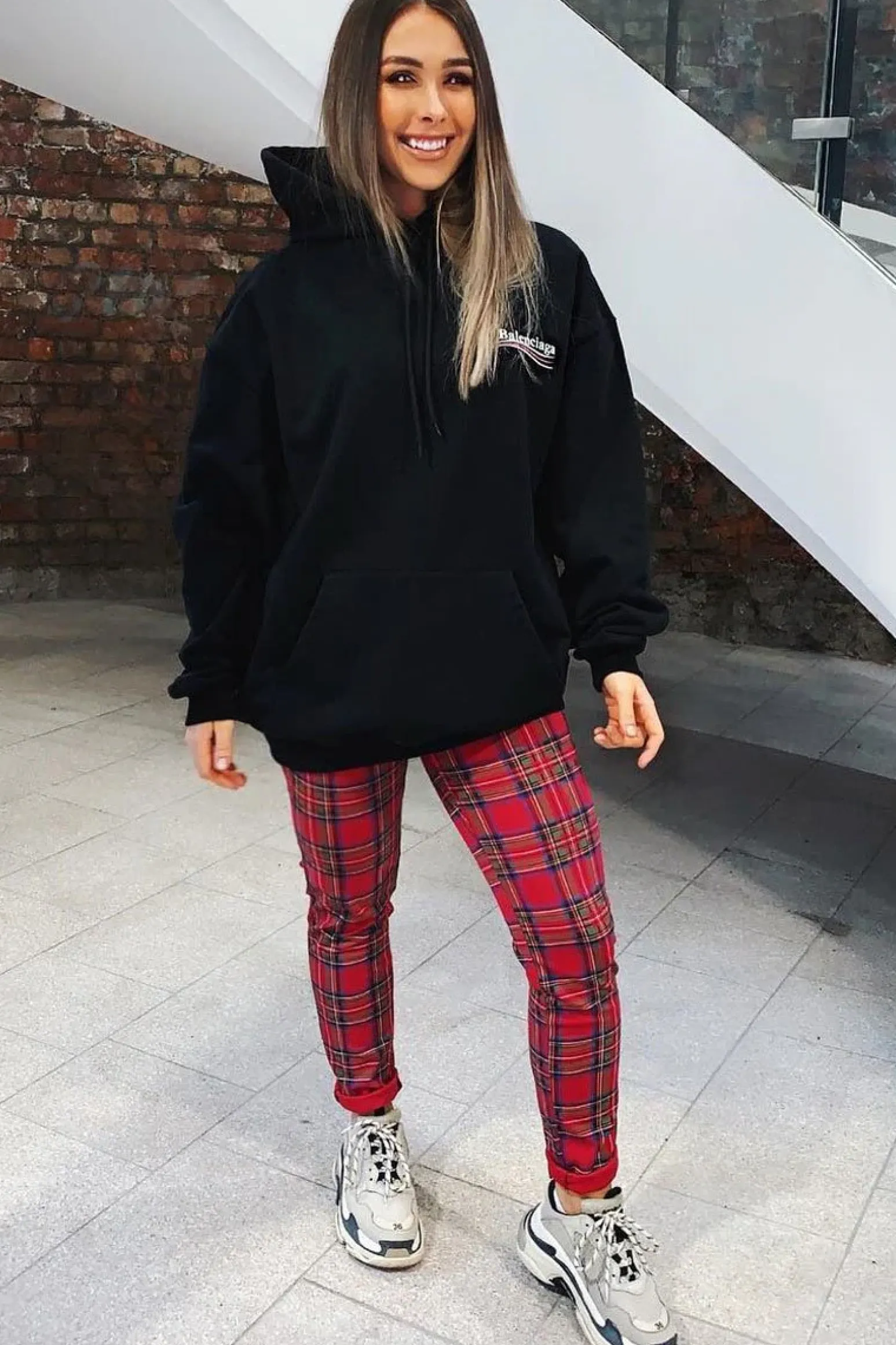 Rebellious Fashion Red Tartan Belted Skinny Fit Trousers - Caitlin