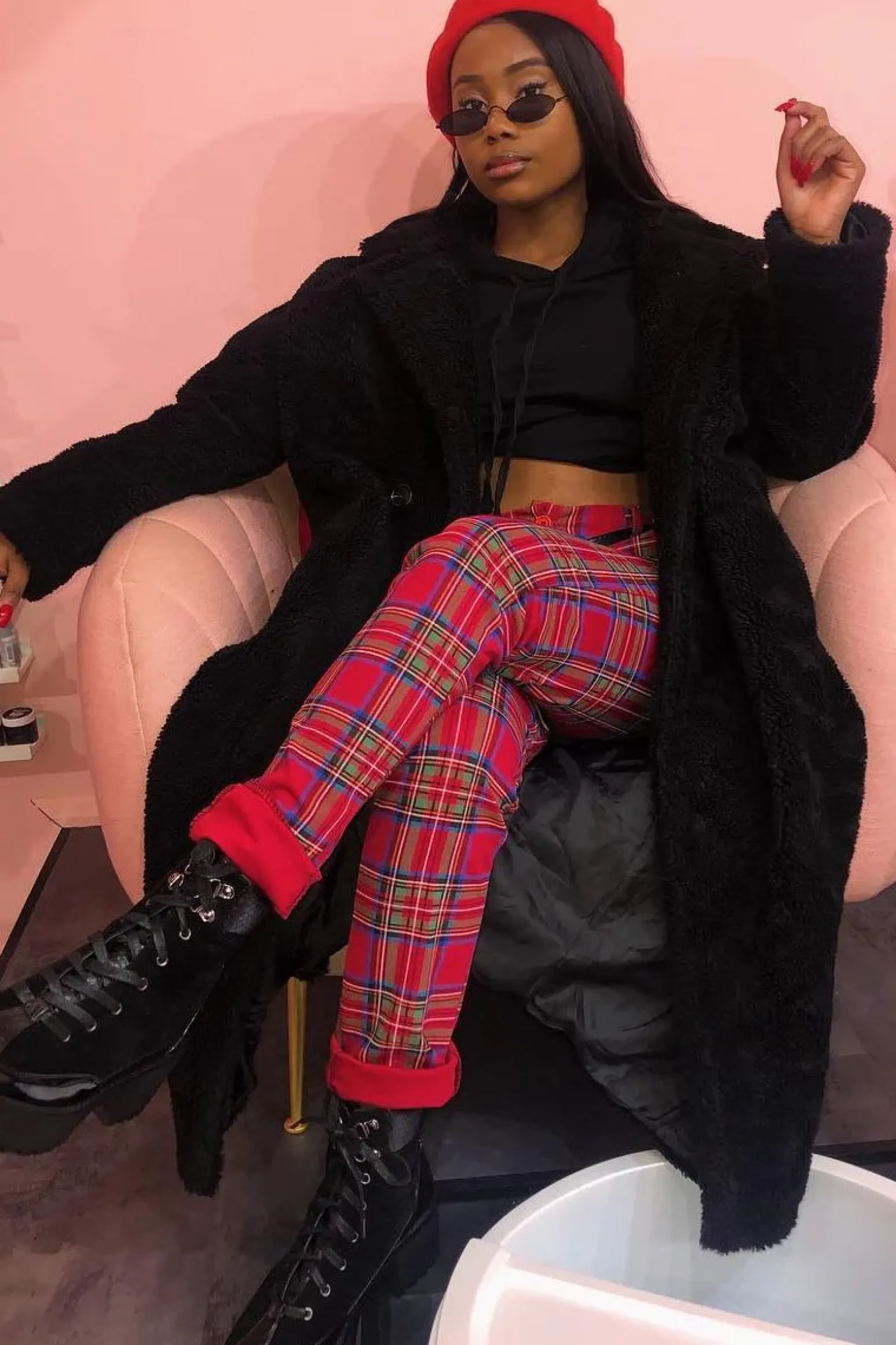 Rebellious Fashion Red Tartan Belted Skinny Fit Trousers - Caitlin
