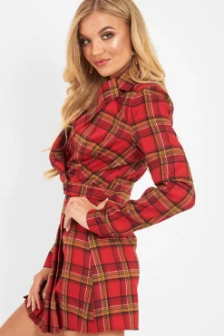 Rebellious Fashion Red Tartan Crop Blazer Pleated Skirt Co-Ord - Holly