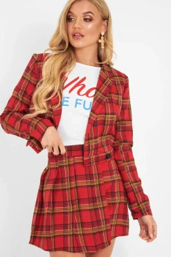Rebellious Fashion Red Tartan Crop Blazer Pleated Skirt Co-Ord - Holly