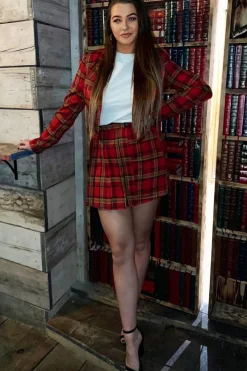 Rebellious Fashion Red Tartan Crop Blazer Pleated Skirt Co-Ord - Holly