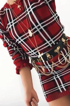 Rebellious Fashion Red Tartan Frill Cuff Knit Jumper - Jarae