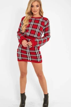 Rebellious Fashion Red Tartan Frill Cuff Knit Jumper - Jarae