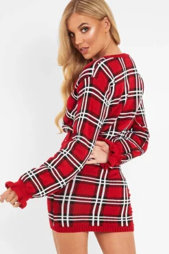 Rebellious Fashion Red Tartan Frill Cuff Knit Jumper - Jarae