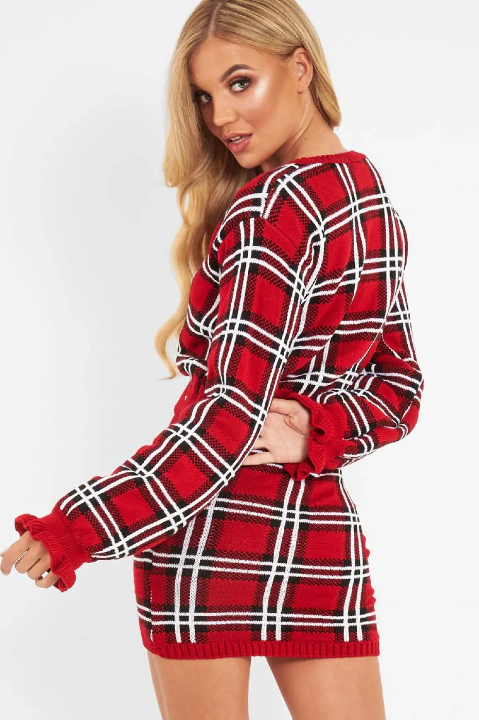 Rebellious Fashion Red Tartan Frill Cuff Knit Jumper - Jarae