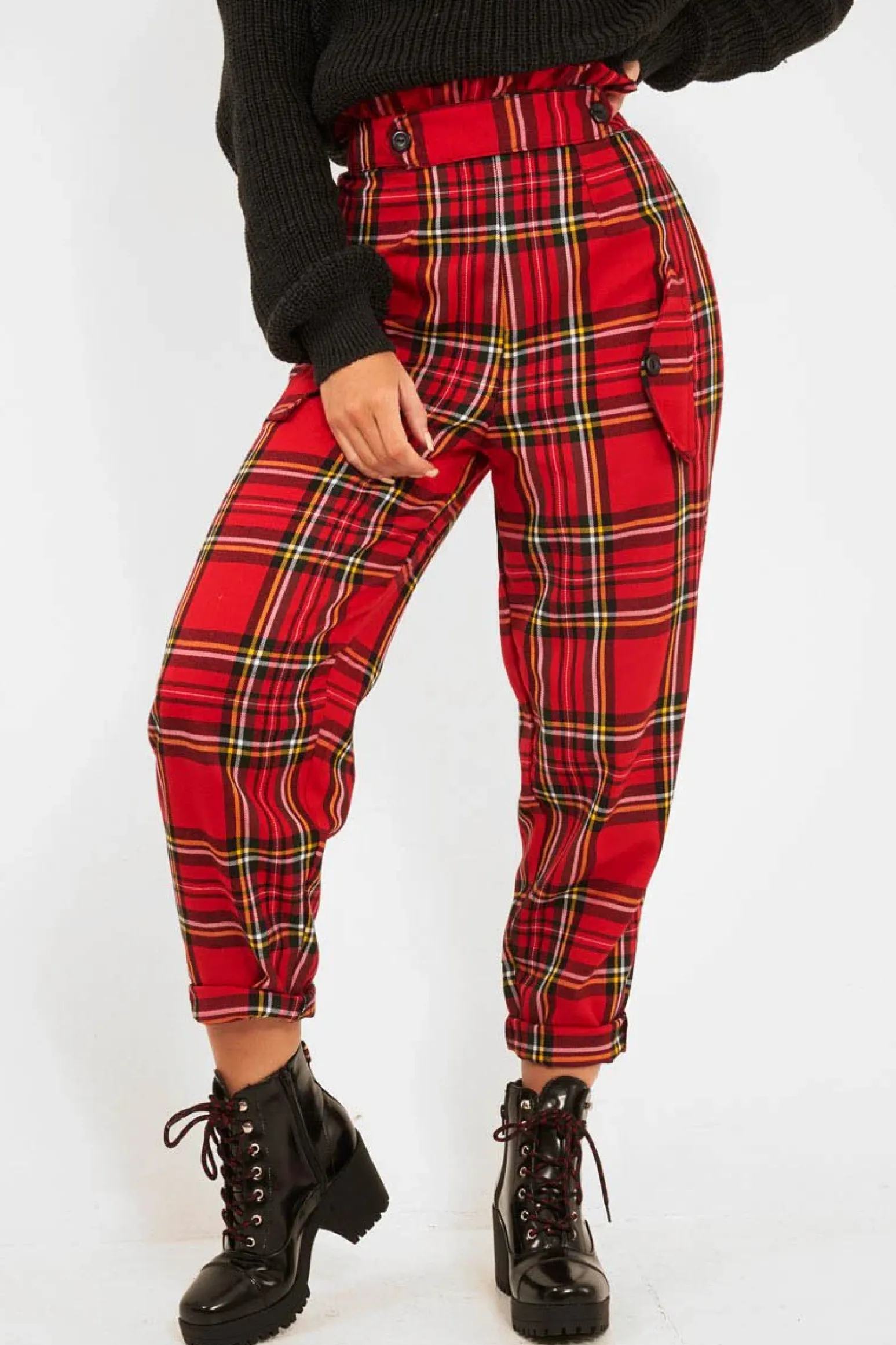 Rebellious Fashion Red Tartan Frill Detail Trousers - Bristal