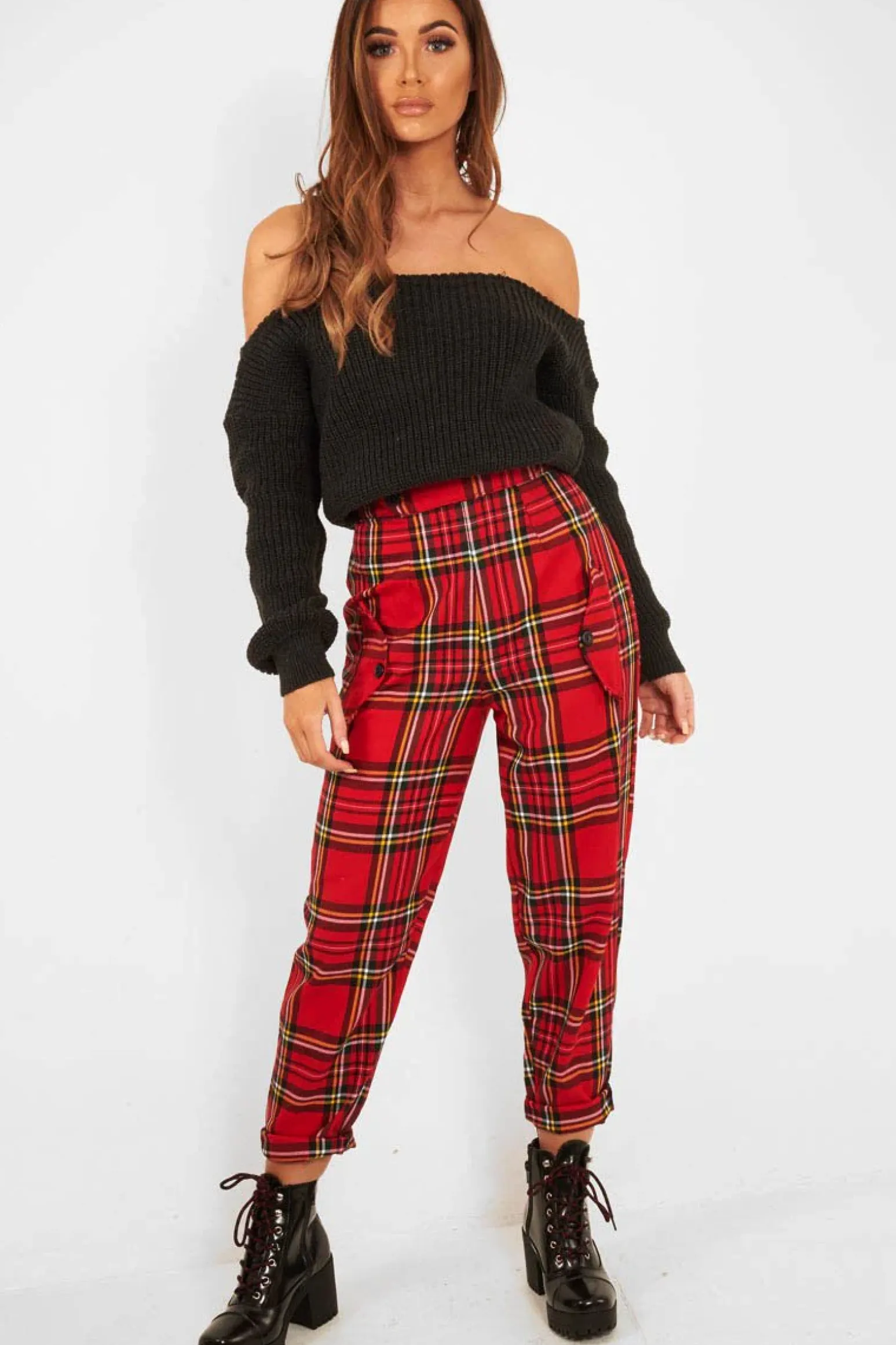 Rebellious Fashion Red Tartan Frill Detail Trousers - Bristal
