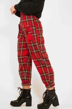 Rebellious Fashion Red Tartan Frill Detail Trousers - Bristal