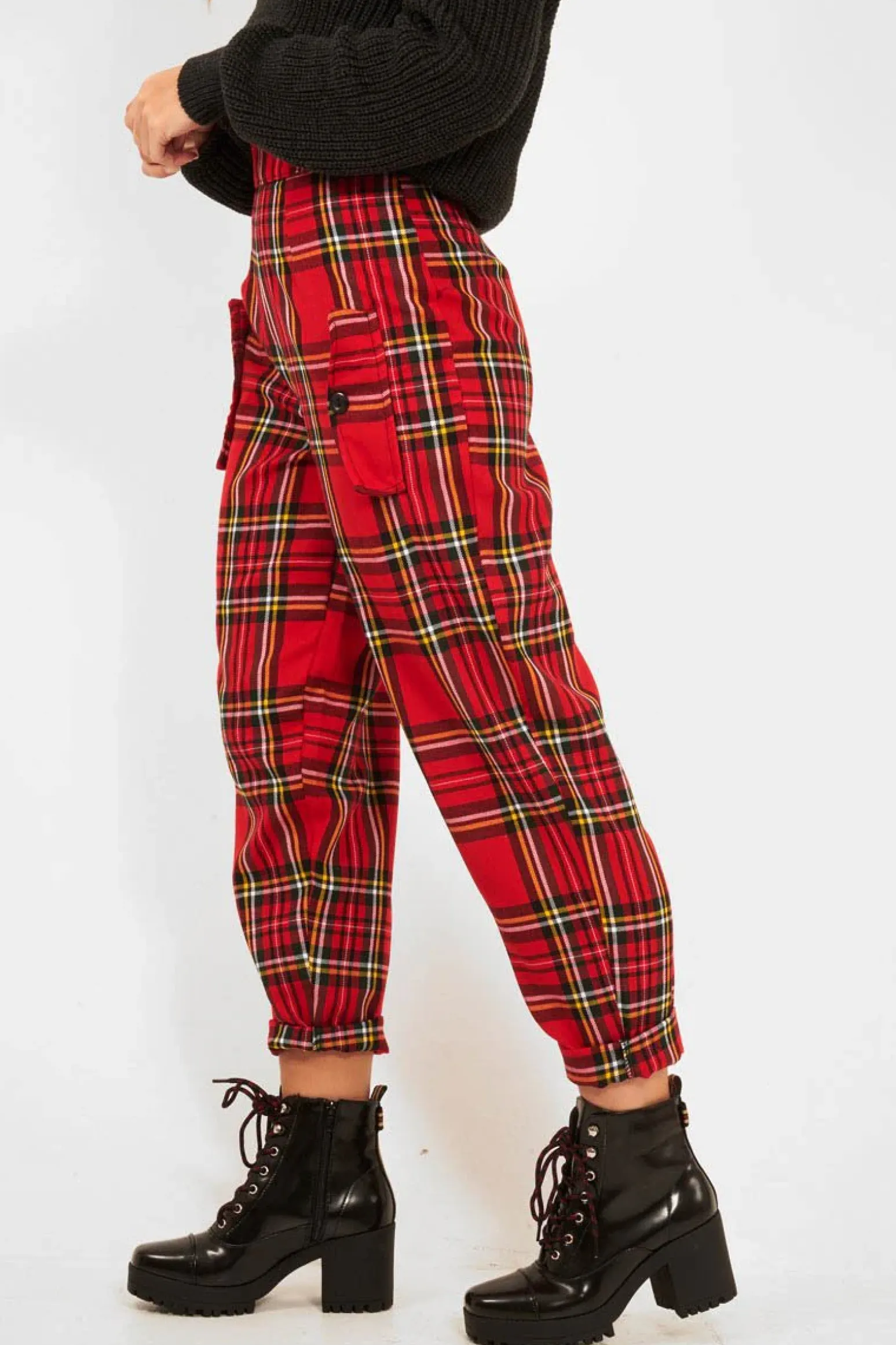 Rebellious Fashion Red Tartan Frill Detail Trousers - Bristal