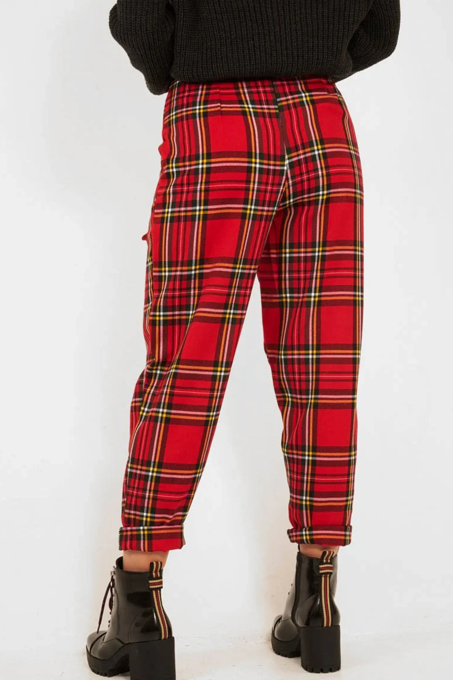 Rebellious Fashion Red Tartan Frill Detail Trousers - Bristal