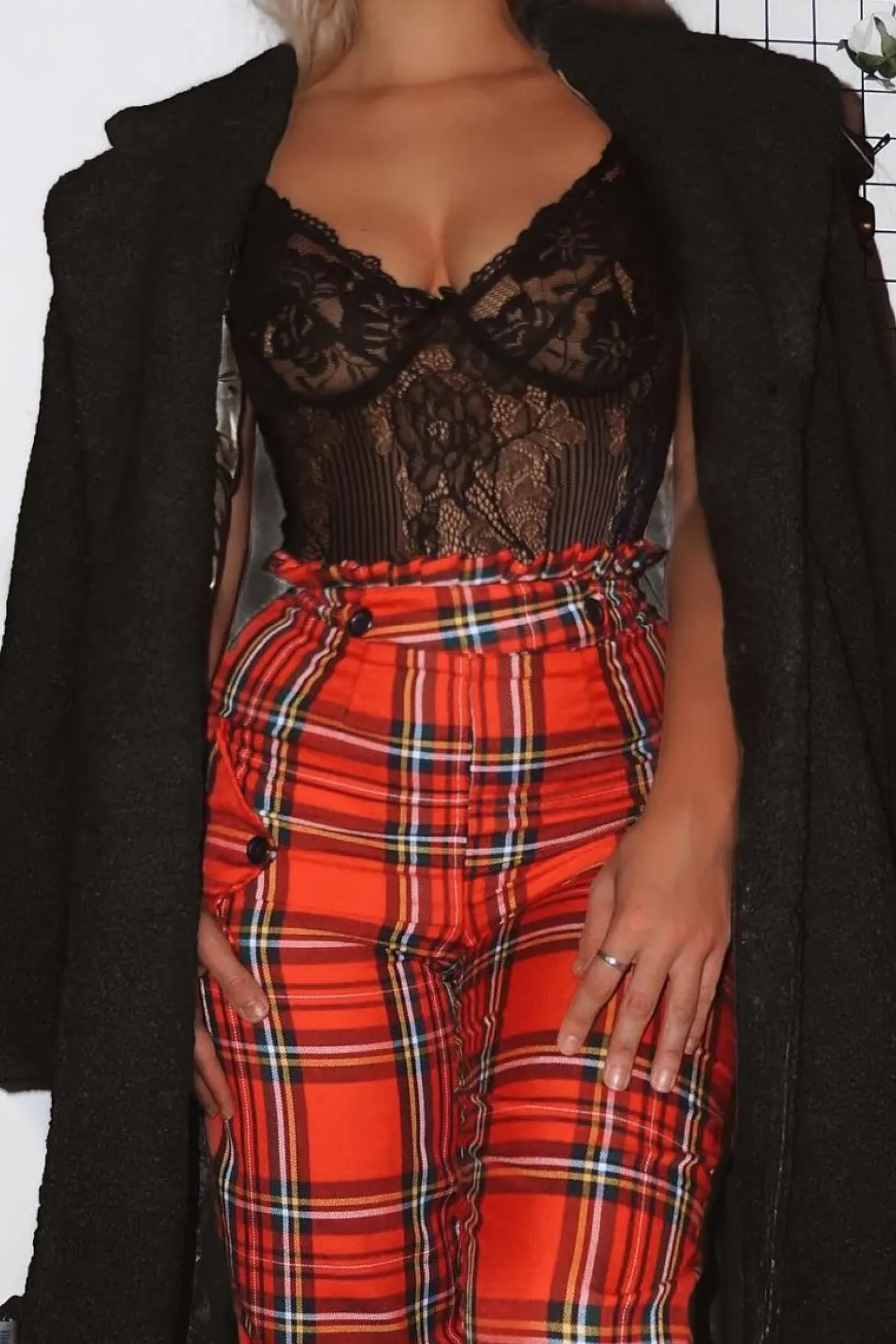 Rebellious Fashion Red Tartan Frill Detail Trousers - Bristal
