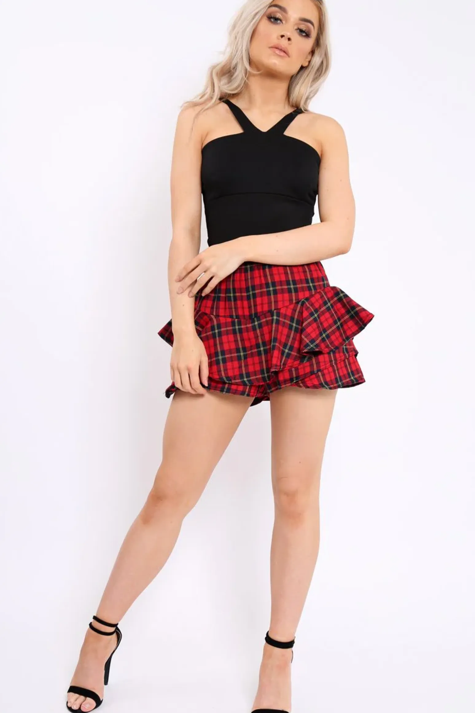 Rebellious Fashion Red Tartan Frill High Waisted Shorts - Claudelle