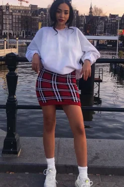 Rebellious Fashion Red Tartan Knit Mini Skirt - Chantelle