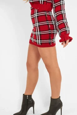 Rebellious Fashion Red Tartan Knit Mini Skirt - Chantelle