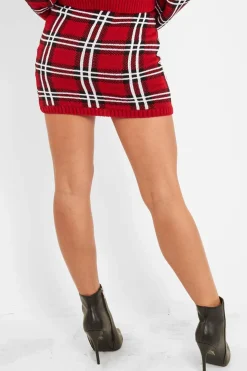 Rebellious Fashion Red Tartan Knit Mini Skirt - Chantelle